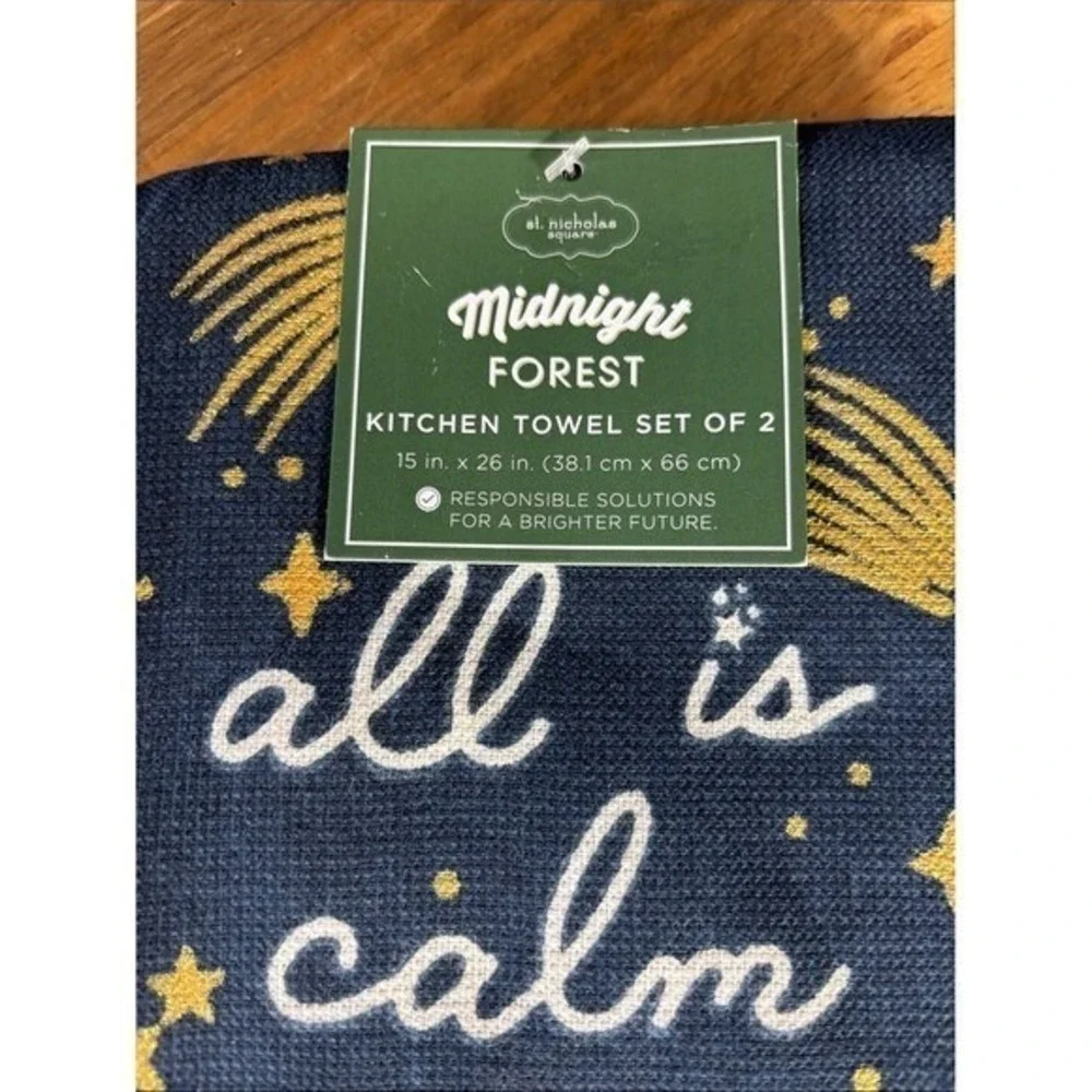 Midnight Forest Celestial Kitchen Towel Set Navy Gold & White Star Moon GIFT NEW